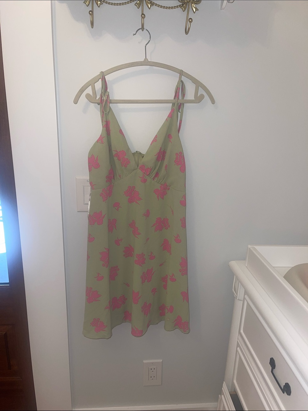 Aakaa Green Slip Dress with Pink Floral Print